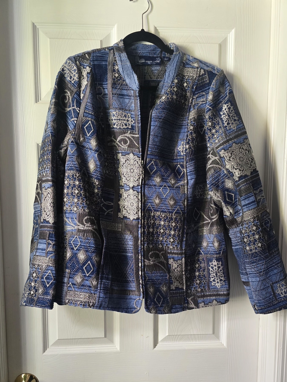 Susan Graver Style Tapestry Jacquard Zippered Jacket Large Blue Patchwork